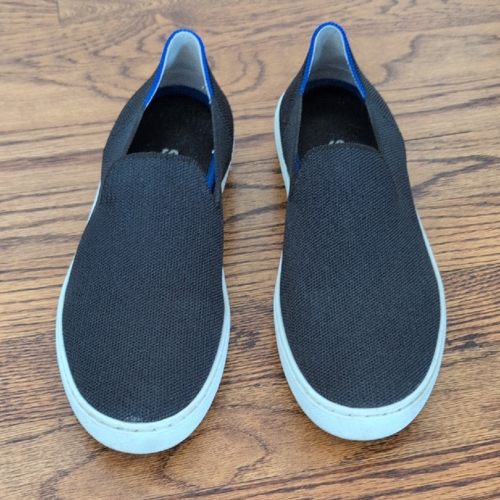 Rothy's Black Slip-On Flats with White Sole and Blue Trim